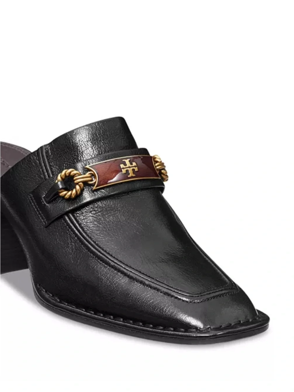 Tory Burch Perrine Black Leather Logo-Trim Block Heel Mules